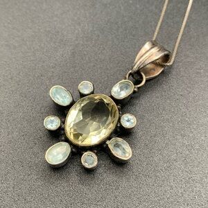 VTG blue Topaz And Citrine Sterling Silver Starburst Floral Pendant Necklace 25”